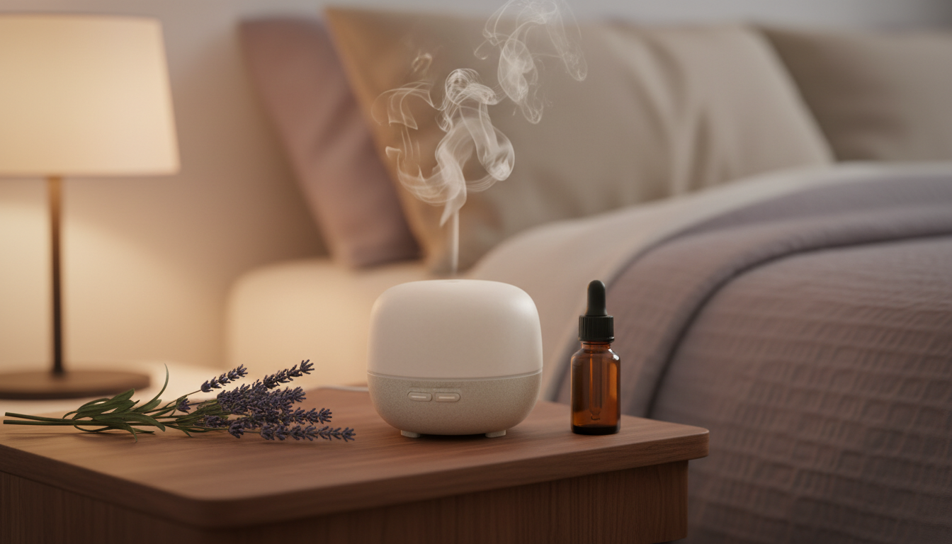 Difusor cerâmico emitindo vapor suave sobre mesa de cabeceira em madeira, com um ramo de lavanda e frasco âmbar fechado; travesseiro desfocado ao fundo.