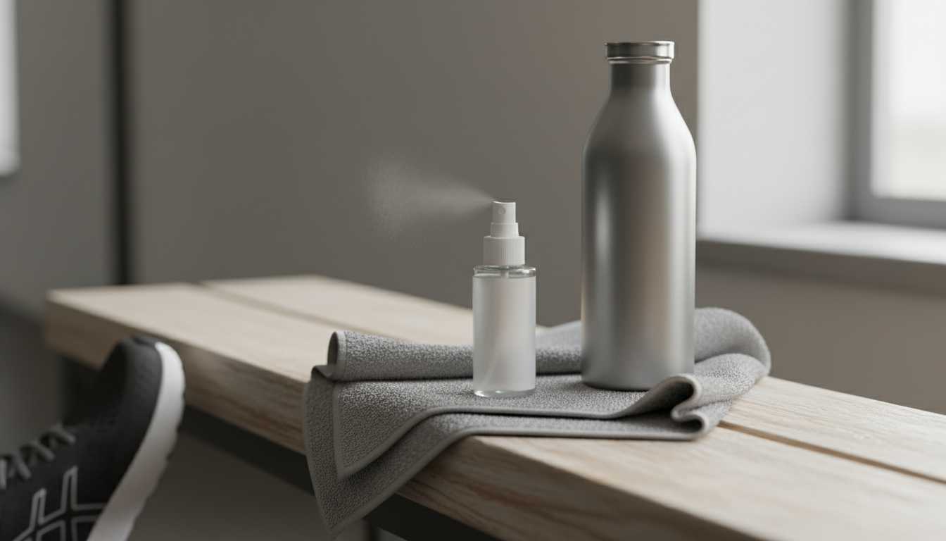 Body mist pequeno e sem marca sobre toalha dobrada em banco de academia, com garrafa de água próxima e tênis desfocado ao fundo, luz natural.