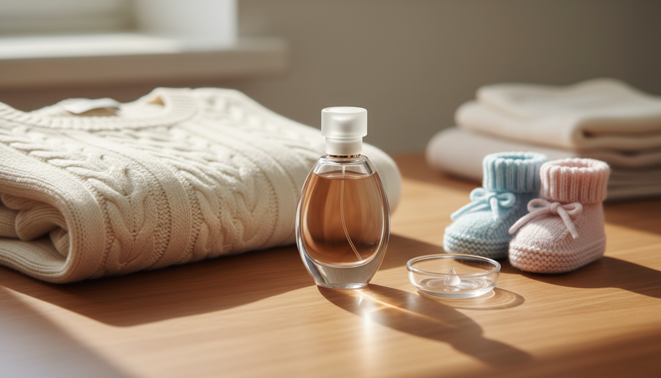 Garrafa de perfume sobre mesa de madeira, ao lado de suéter de maternidade dobrado, sapatinho de bebê e um pequeno prato com uma gota — sugestão visual de cuidado ao usar fragrâncias na gravidez.