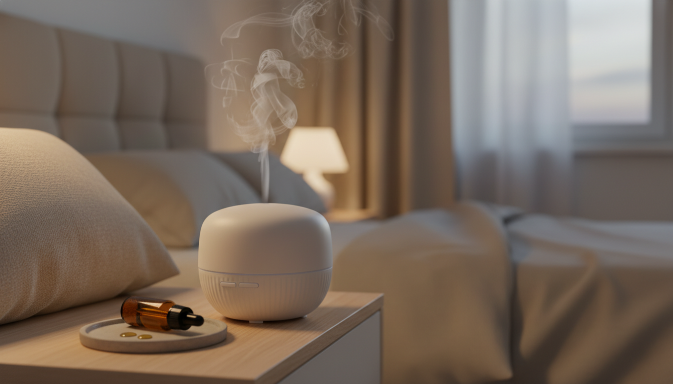 Mesa de cabeceira com difusor ultrassônico soltando vapor suave, travesseiro de linho próximo e frasco âmbar de óleo essencial sobre um descanso cerâmico em quarto acolhedor ao entardecer.