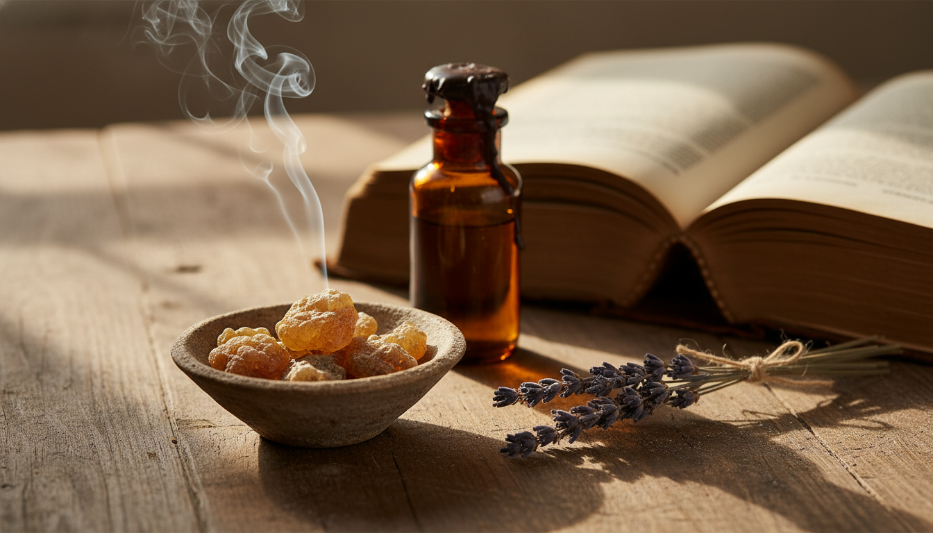 Natureza‑morta editorial sobre mesa de madeira: tigela com mirra e olíbano fumegantes, frasco âmbar lacrado, ramo de lavanda seco e livro antigo aberto.