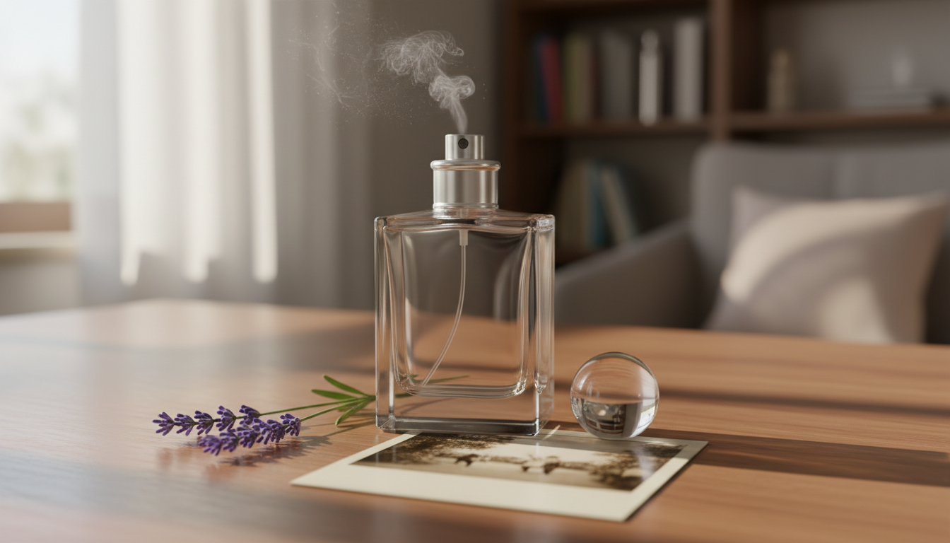 Frasco de perfume em vidro sobre uma mesa de madeira, com névoa fina saindo do bocal, uma foto Polaroid parcialmente por baixo do frasco e um ramo de lavanda ao lado.