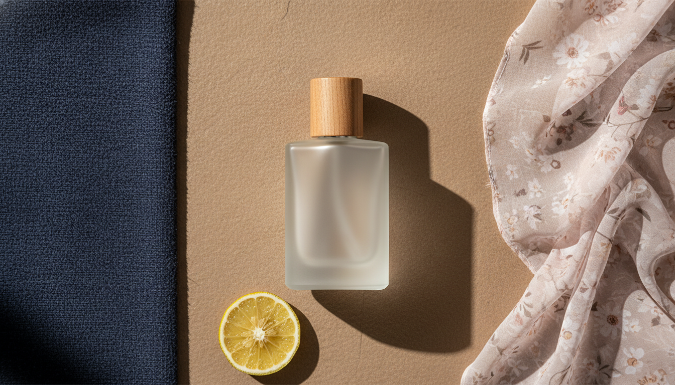 Flat-lay editorial com frasco de perfume fosco no centro, ao lado de um recorte de blazer de lã azul e um pedaço de chiffon floral rosa, com uma fatia de bergamota sobre uma superfície de pedra mate.