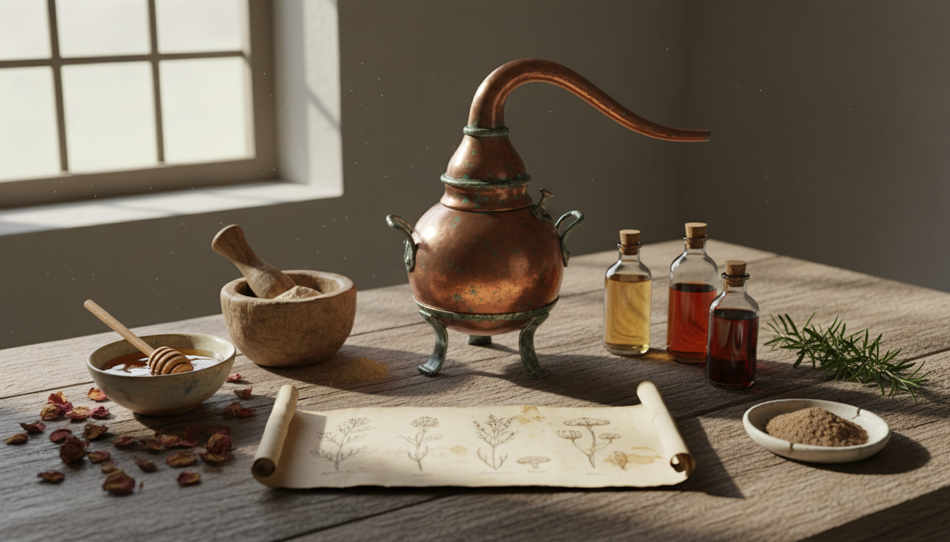 Natureza morta editorial sobre uma mesa de apotecário medieval: alambique de cobre, pétalas de rosa secas, tigela com mel, pequenos frascos de cerâmica com líquido âmbar, almofariz e pergaminho com desenhos botânicos, iluminada por luz natural.