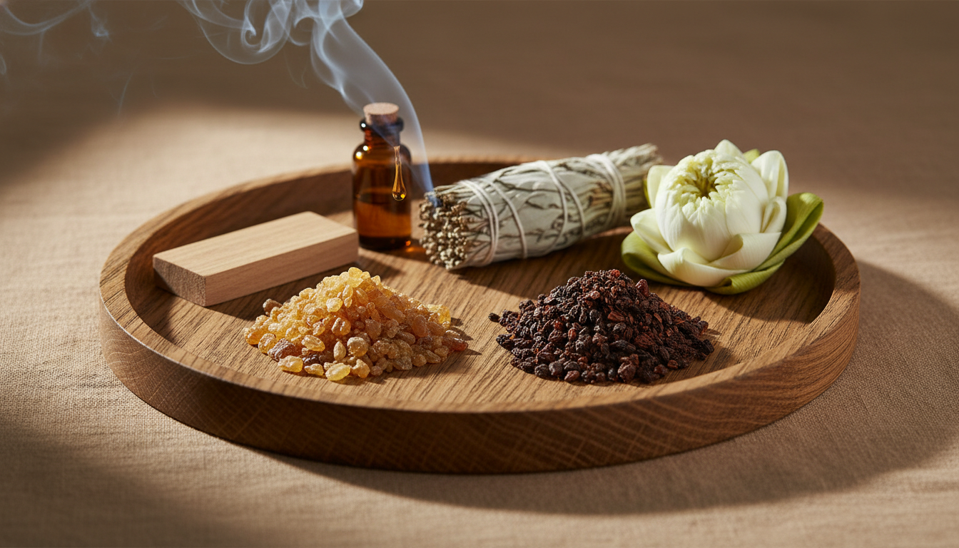 Altar rústico com resinas (olíbano e mirra), um feixe de sálvia fumegante, bloco de sândalo, um frasco âmbar e uma flor de lótus, com fumaça fina subindo em luz natural.