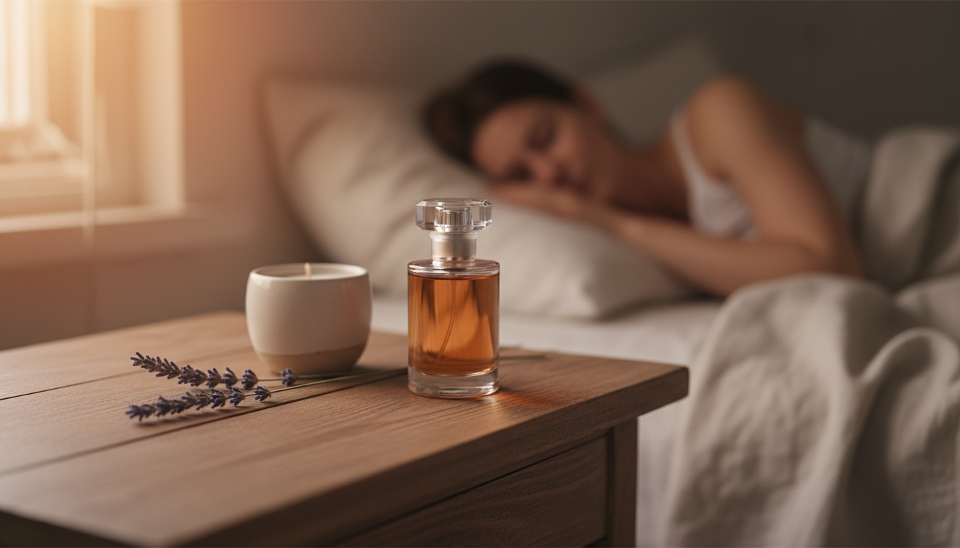 Frasco de perfume em foco sobre criado‑mudo de madeira com raminho de lavanda; vela cerâmica e pessoa desfocada na cama ao fundo, luz suave.