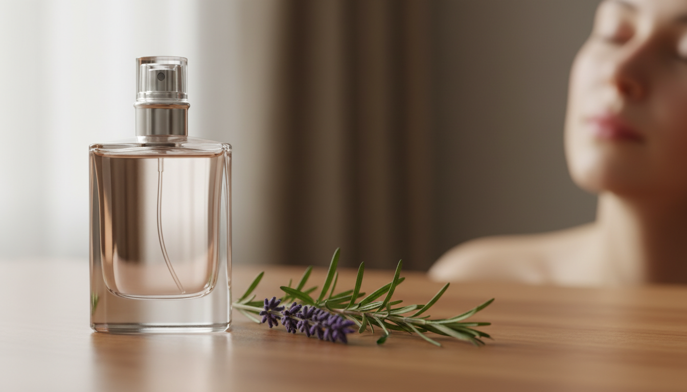 Garrafa de perfume de vidro sobre mesa de madeira com ramos de lavanda e alecrim ao lado; ao fundo, perfil parcial desfocado de pessoa com olhos fechados sugerindo relaxamento.