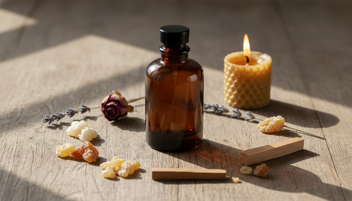 Frasco de perfume escuro sobre mesa de madeira, cercado por fragmentos de resina, rosa seca, lavanda e vela acesa, em luz natural suave.