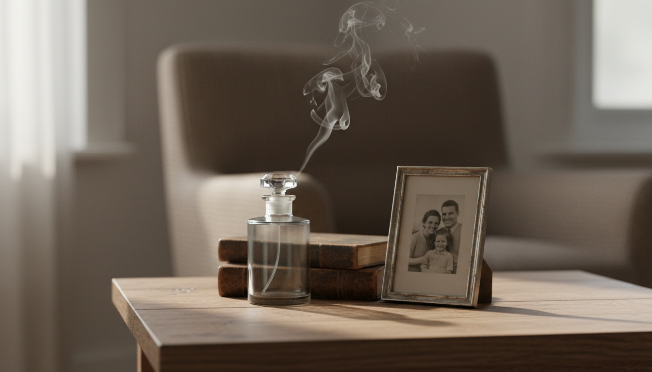 Frasco de perfume vintage sobre mesa de madeira com um fio sutil de vapor dirigindo-se a uma foto antiga em moldura, poltrona desfocada ao fundo em iluminação natural.