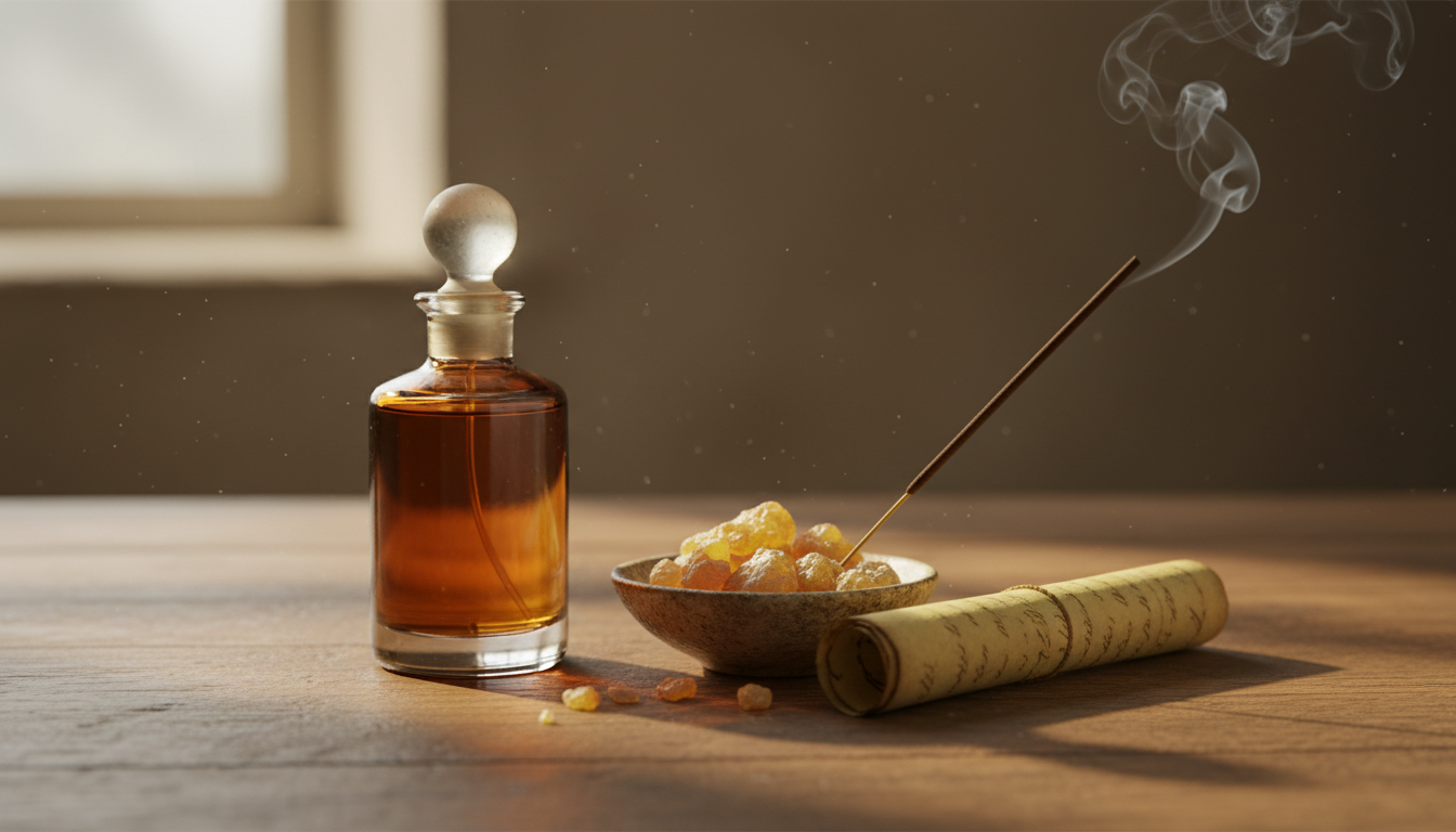 Natureza‑morta editorial com frasco antigo de perfume âmbar sobre mesa de madeira, tigela com resinas (mirra e olíbano), pergaminho enrolado e um incenso fumegante com fumaça suave.