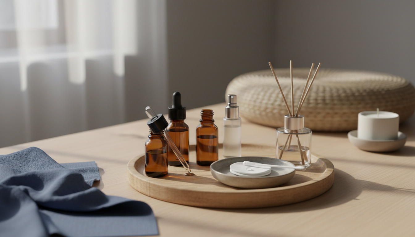 Bandeja de madeira com frascos âmbar de óleos essenciais, um perfume sem rótulo, roll-on e um pratinho com algodão e cotonete com uma gota, sobre mesa com pano azul, luz natural suave.
