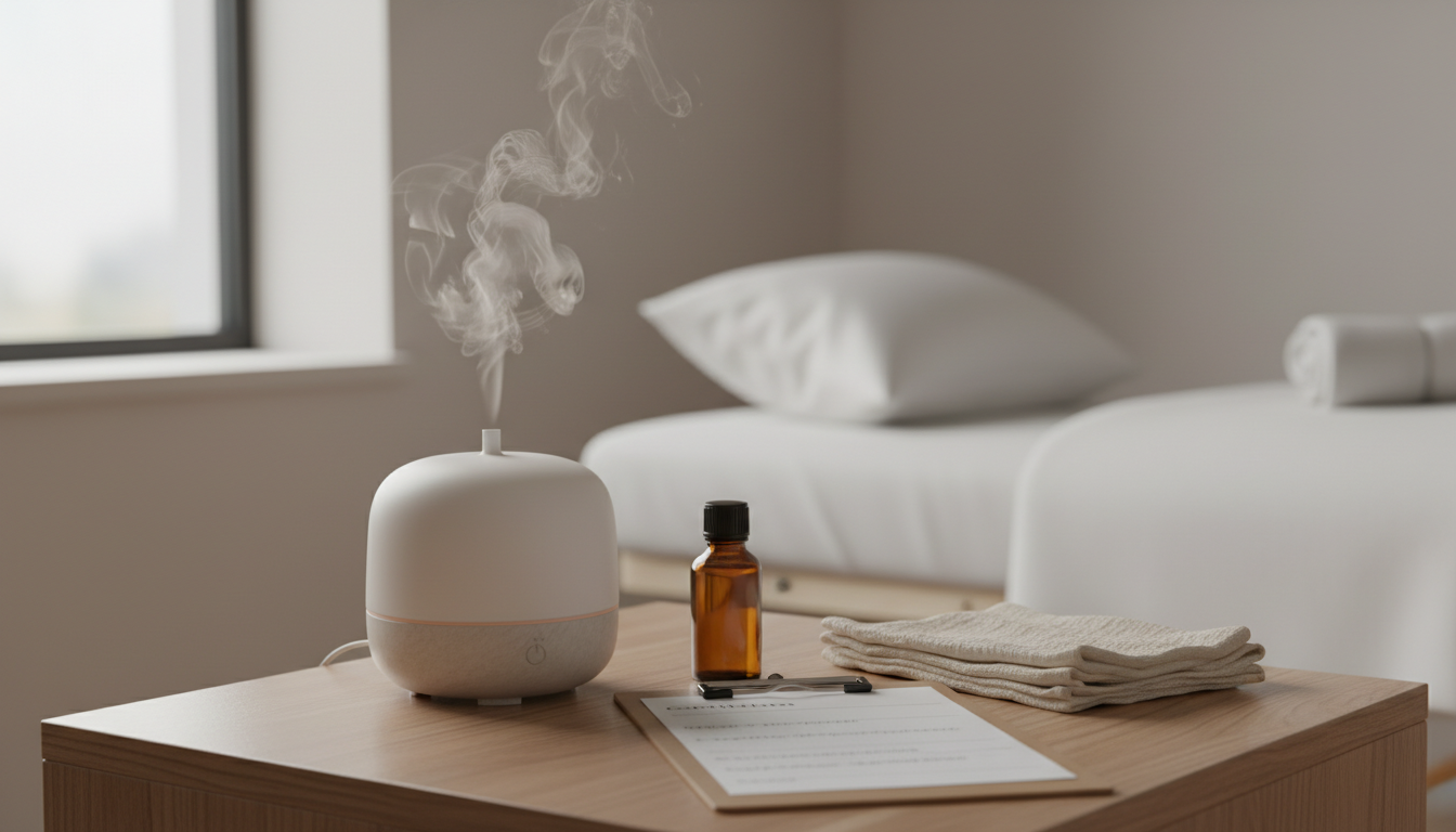 Difusor ultrassônico emitindo névoa sobre mesa de cabeceira com frasco âmbar de óleo essencial e prancheta com anotações anônimas; cama desfocada ao fundo.