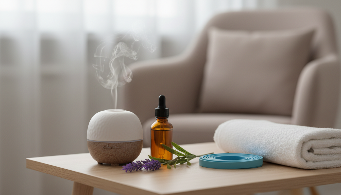Difusor ultrassônico liberando névoa ao lado de um frasco âmbar de óleo essencial e um raminho de lavanda sobre uma mesa de madeira, com uma faixa elástica e uma toalha de fisioterapia desfocados ao fundo.