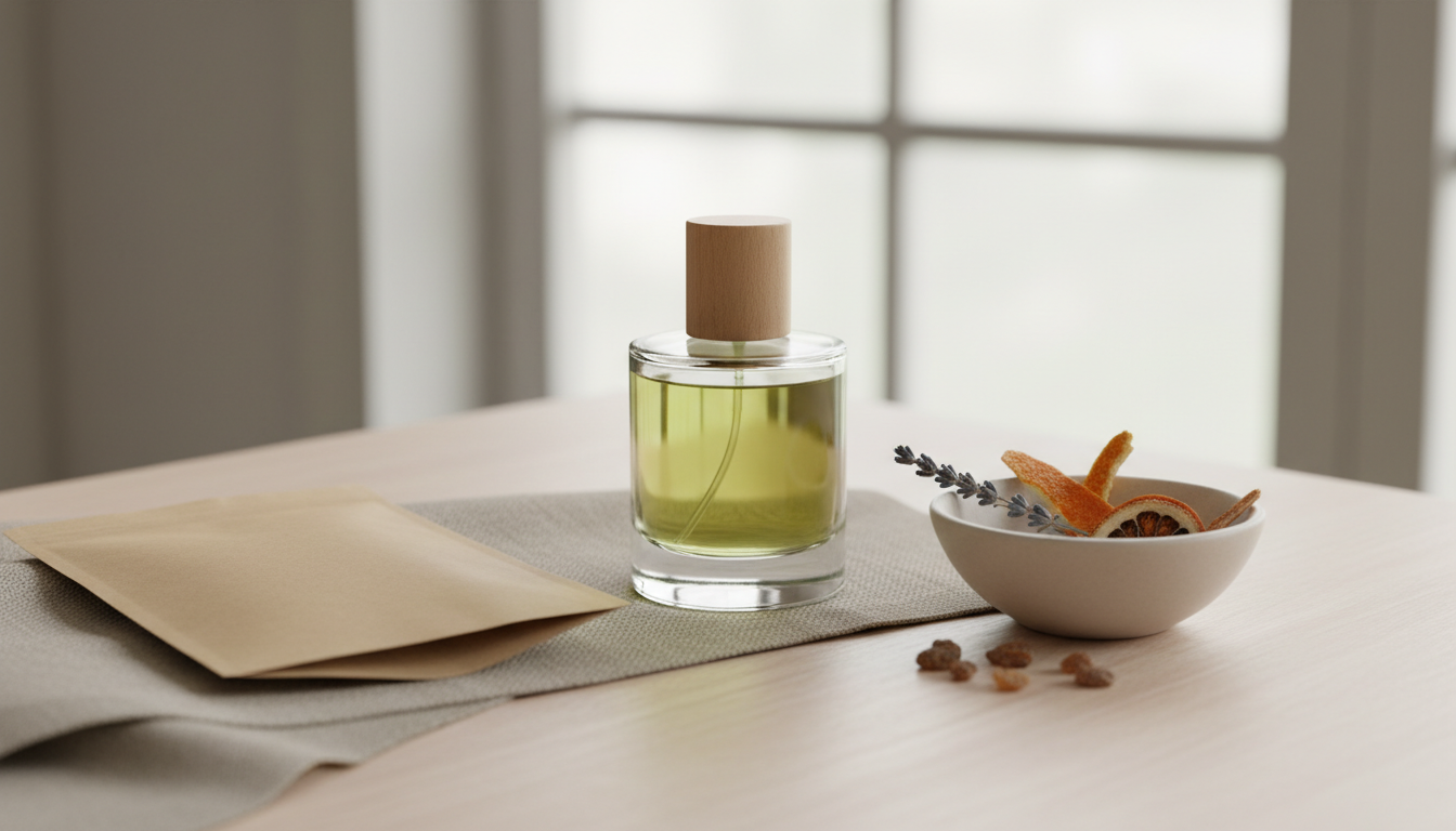 Frasco de perfume de vidro com tampa de madeira sobre mesa de madeira, ao lado de um refil em papel kraft e uma tigela com lavanda seca e casca de cítrico, iluminado por luz natural.