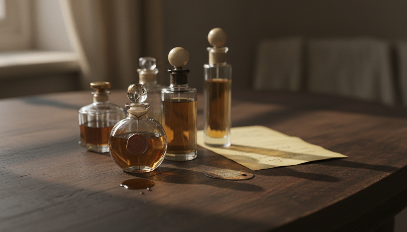 Natureza-morta editorial com frascos de perfume vintage sobre mesa de madeira escura; um frasco com lacre rachado e um pequeno derramamento de líquido âmbar ao lado de uma carta amarelada com um selo de cera e uma etiqueta metálica envelhecida.