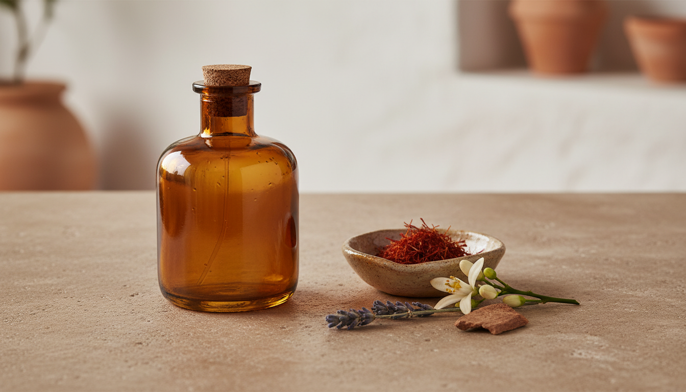 Frasco de perfume artesanal em vidro âmbar sobre pedra mediterrânea, com tigela pequena de açafrão, flores de flor‑de‑laranjeira e raminho de lavanda ao redor.
