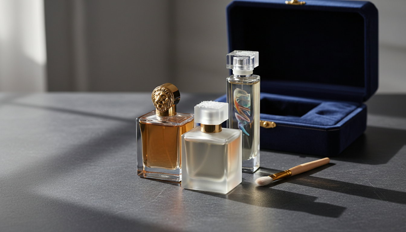 Três frascos de perfume exclusivos dispostos sobre pedra escura com caixa de veludo parcialmente aberta, iluminação natural suave e visual editorial