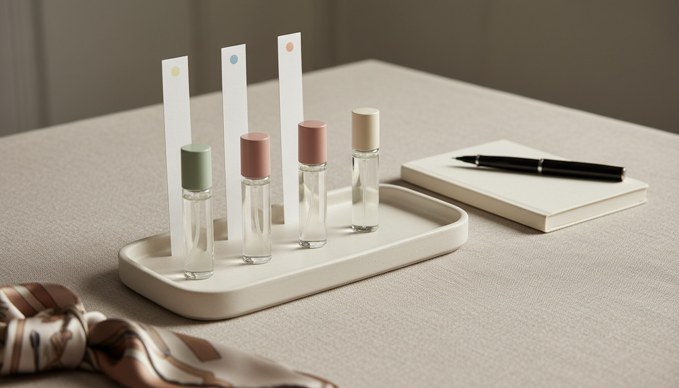 Estação de teste de perfumes em mesa de linho: bandeja cerâmica com três frascos amostradores, três tiras olfativas em pé, caderno fechado e lenço de seda, em luz natural suave.