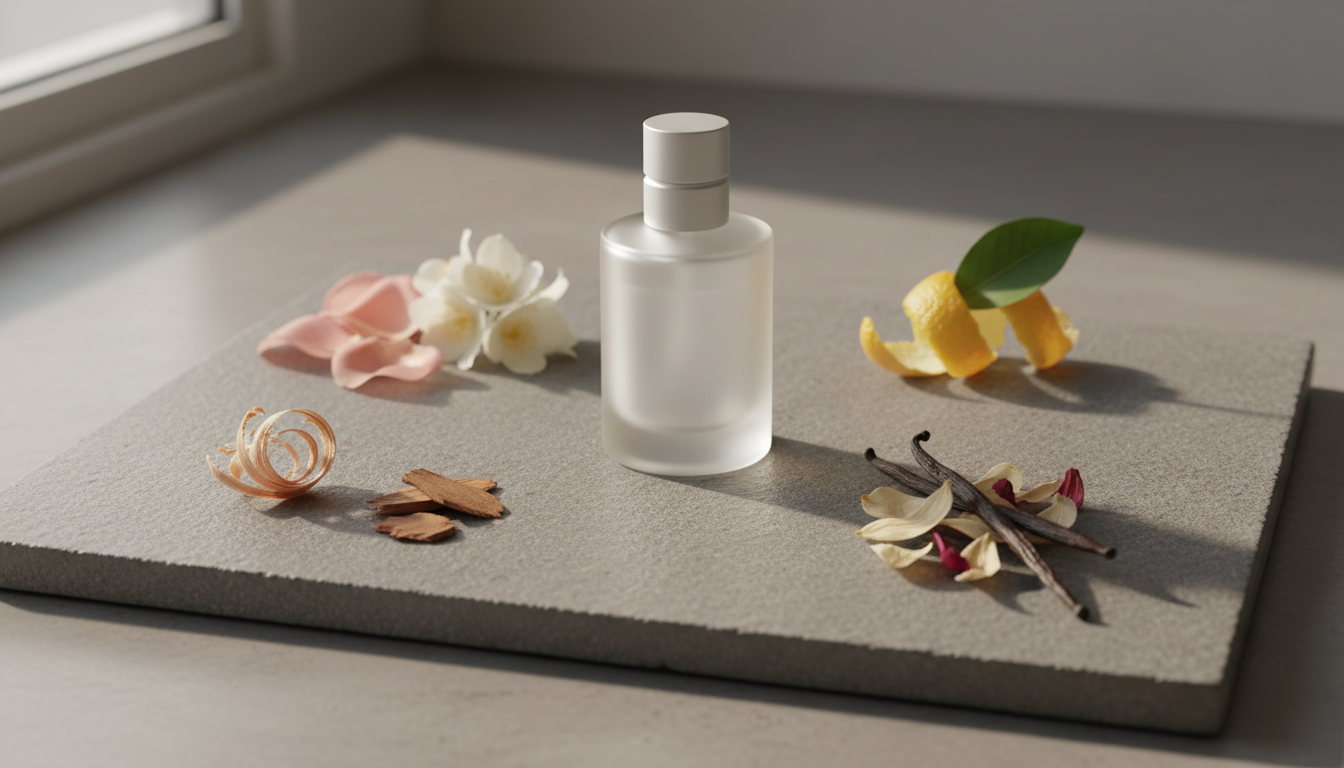 Frasco de perfume sem marca sobre uma placa de pedra, rodeado por pétalas de rosa e jasmim, uma casca de cítrico, uma lasca de madeira e uma fava de baunilha, em foto editorial 16:9.