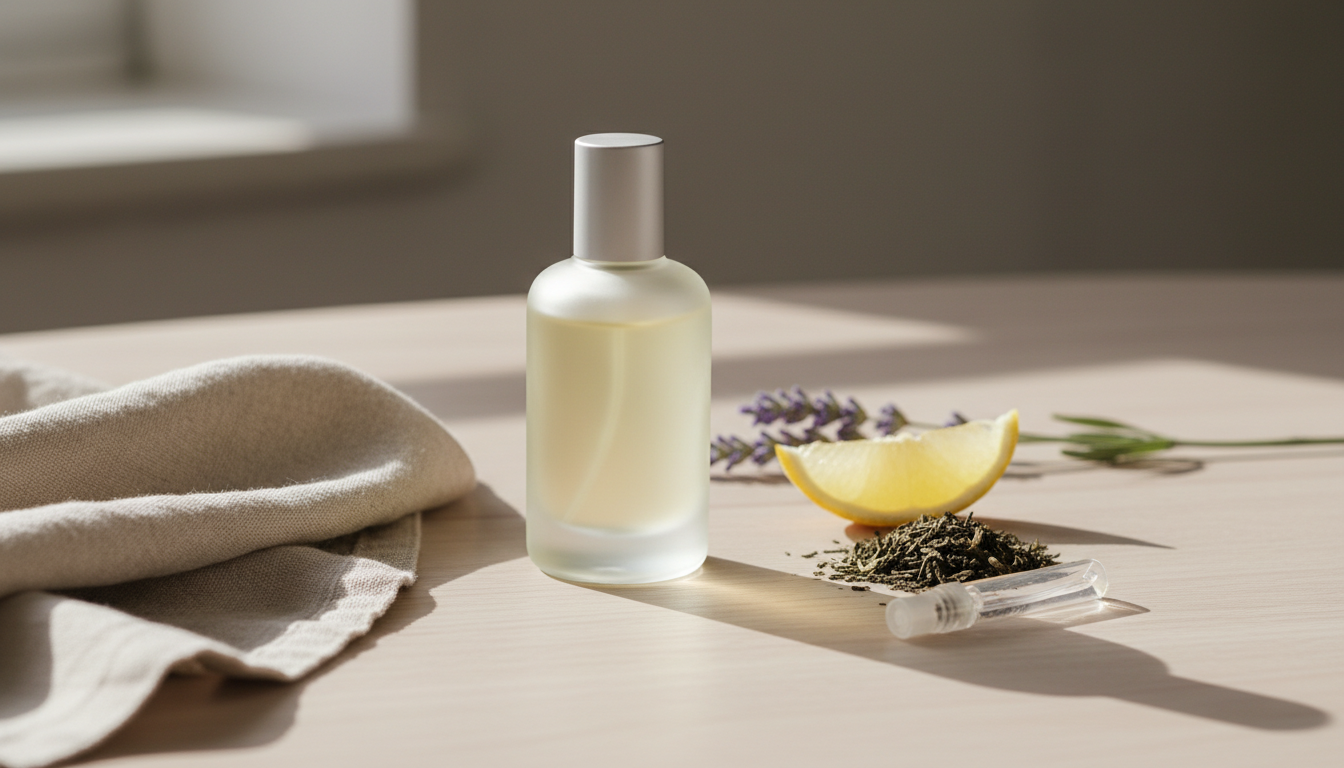 Frasco de perfume sem marca sobre mesa de madeira, com fatia de limão, folhas de chá verde, ramo de lavanda e tecido de linho, iluminação natural suave.