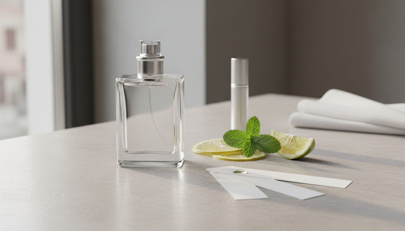 Frasco de perfume sem rótulo sobre mesa texturizada com fatias de bergamota, folhas de hortelã e blotter papers com gota, iluminação natural suave.