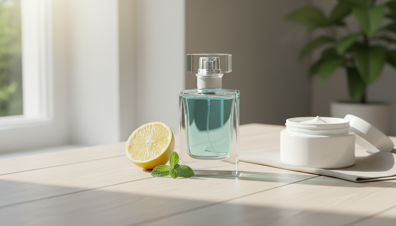 Frasco de perfume de vidro com líquido azul-pálido sobre mesa de madeira, acompanhado por rodelas de limão, raminho de hortelã, pote de loção aberto e tecido de linho, iluminado por luz natural suave.