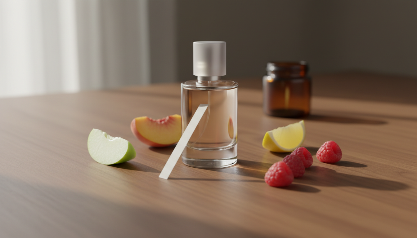 Frasco de perfume sem marca sobre superfície de madeira, com fatias de maçã verde, pêssego, framboesas, limão e uma tira olfativa apoiada ao lado, luz natural suave.
