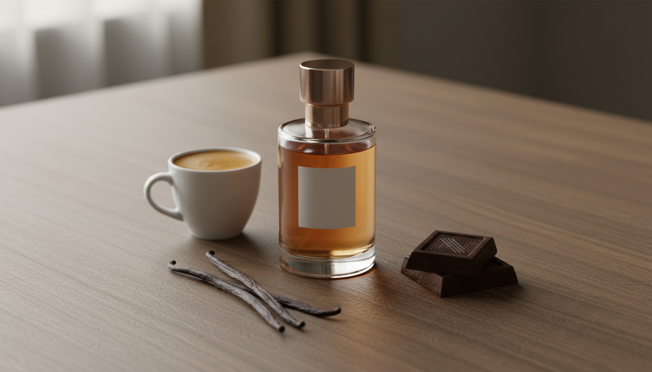Frasco de perfume sem rótulo sobre mesa de madeira cercado por xícara de espresso, fava de baunilha aberta e pedaço de chocolate, em luz natural editorial.