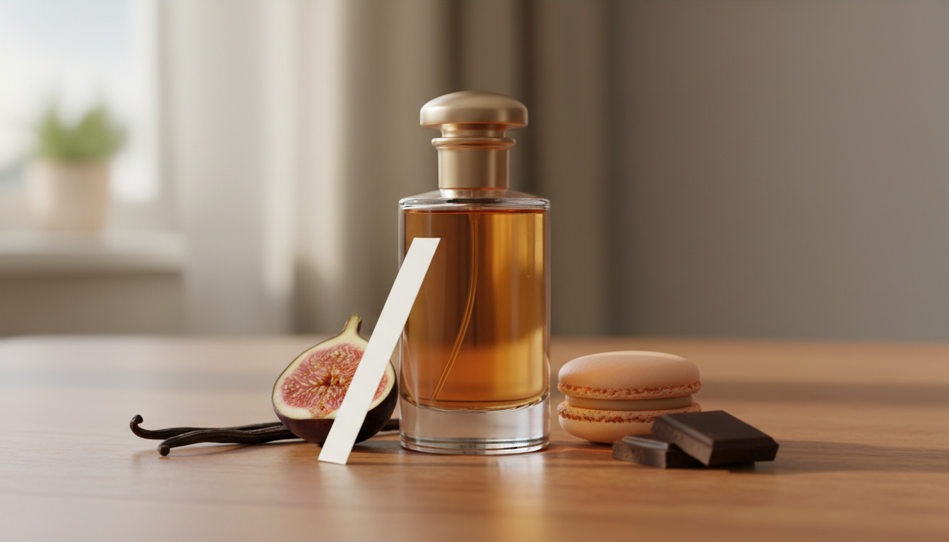 Frasco de perfume âmbar sem rótulo sobre mesa de madeira, com fava de baunilha, meio figo, macaron e pedaço de chocolate ao redor e uma tira de teste apoiada ao lado, luz natural suave.