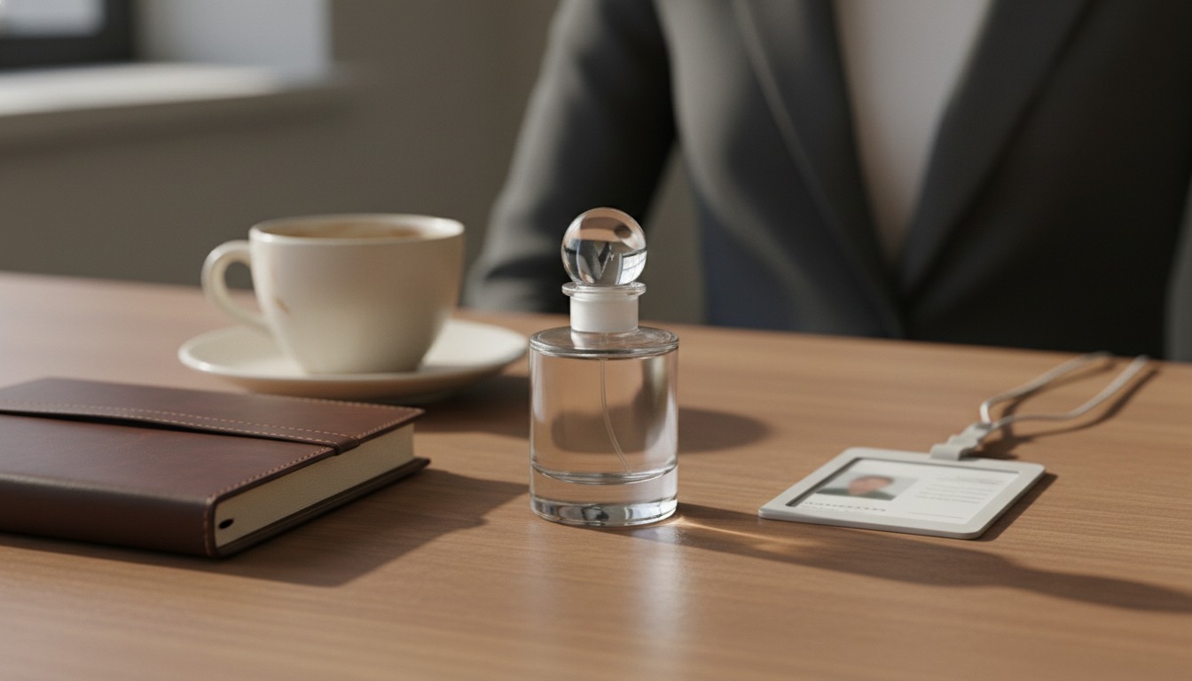 Frasco de perfume discreto sobre mesa de escritório, com caderno, xícara de café e ombro de blazer desfocado ao fundo.