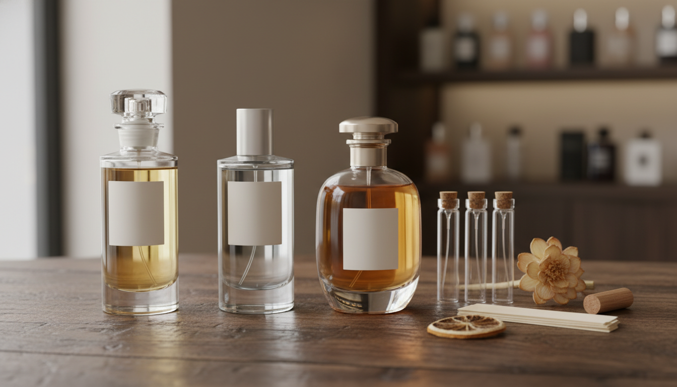 Três frascos de perfume elegantes sem marcas, decants e tiras de papel sobre uma bancada texturizada, com luz natural suave.