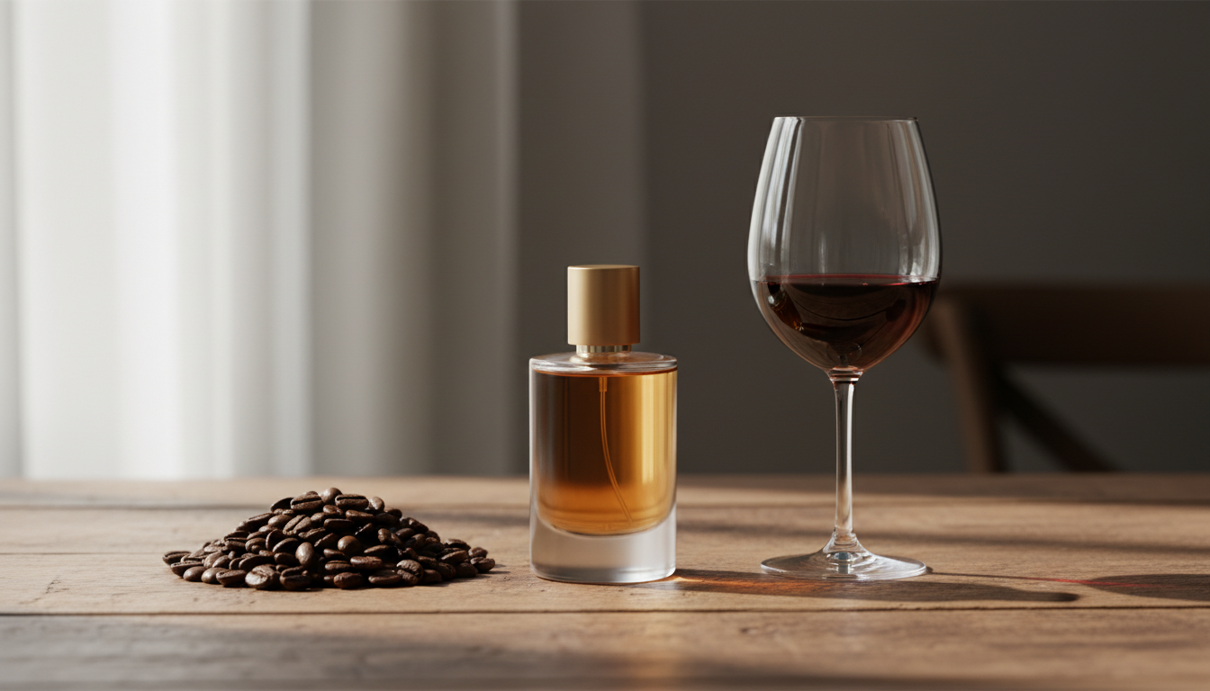 Foto editorial com frasco de perfume sem rótulo no centro, grãos de café torrados à esquerda e uma taça de vinho tinto parcialmente cheia à direita sobre superfície de madeira.