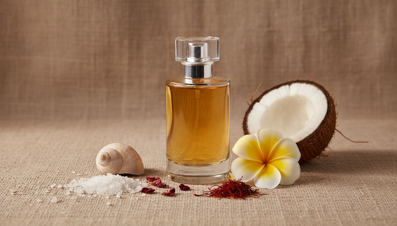 Frasco de perfume premium sobre tecido texturizado, acompanhado por concha e sal, flor frangipani com pedaço de coco e fios de açafrão com pétalas de rosa, evocando destinos exóticos.