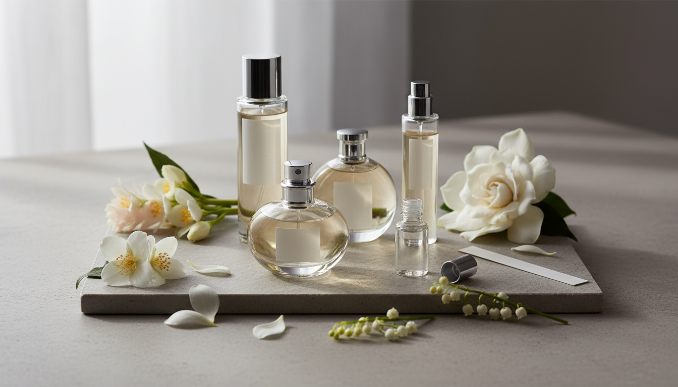 Composição editorial com três frascos de perfume sem rótulo sobre uma base de pedra, acompanhados por jasmim, tuberosa, gardênia, lírio-do-vale e um decant com tira de teste.