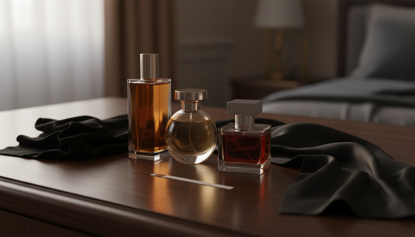 Três frascos de perfume não rotulados sobre um tocador de madeira escura, com pedaço de veludo preto e uma tira de teste com leve umidade, iluminação quente e fundo desfocado.