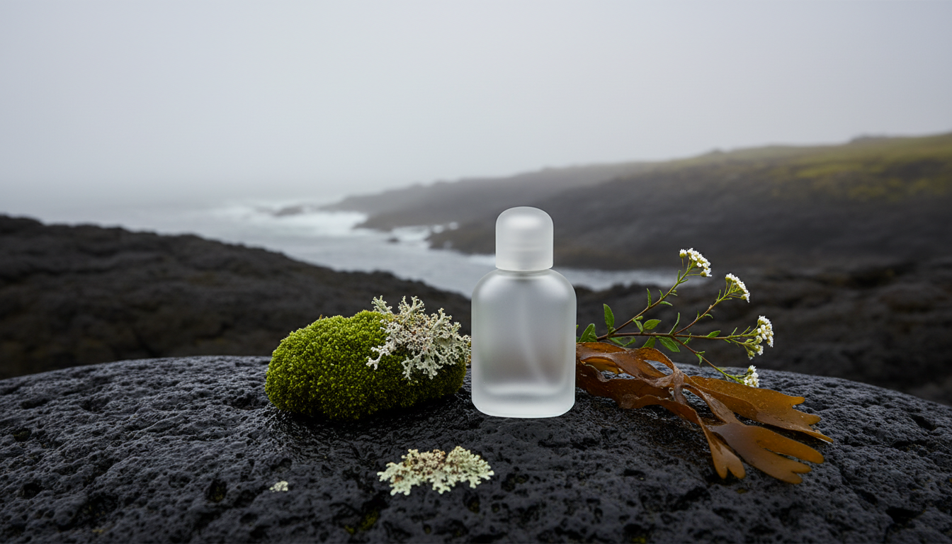 Frasco de perfume sem marca sobre rocha vulcânica úmida, ao lado de musgo, um pedaço de alga e pequenas flores silvestres, com névoa marítima ao fundo.