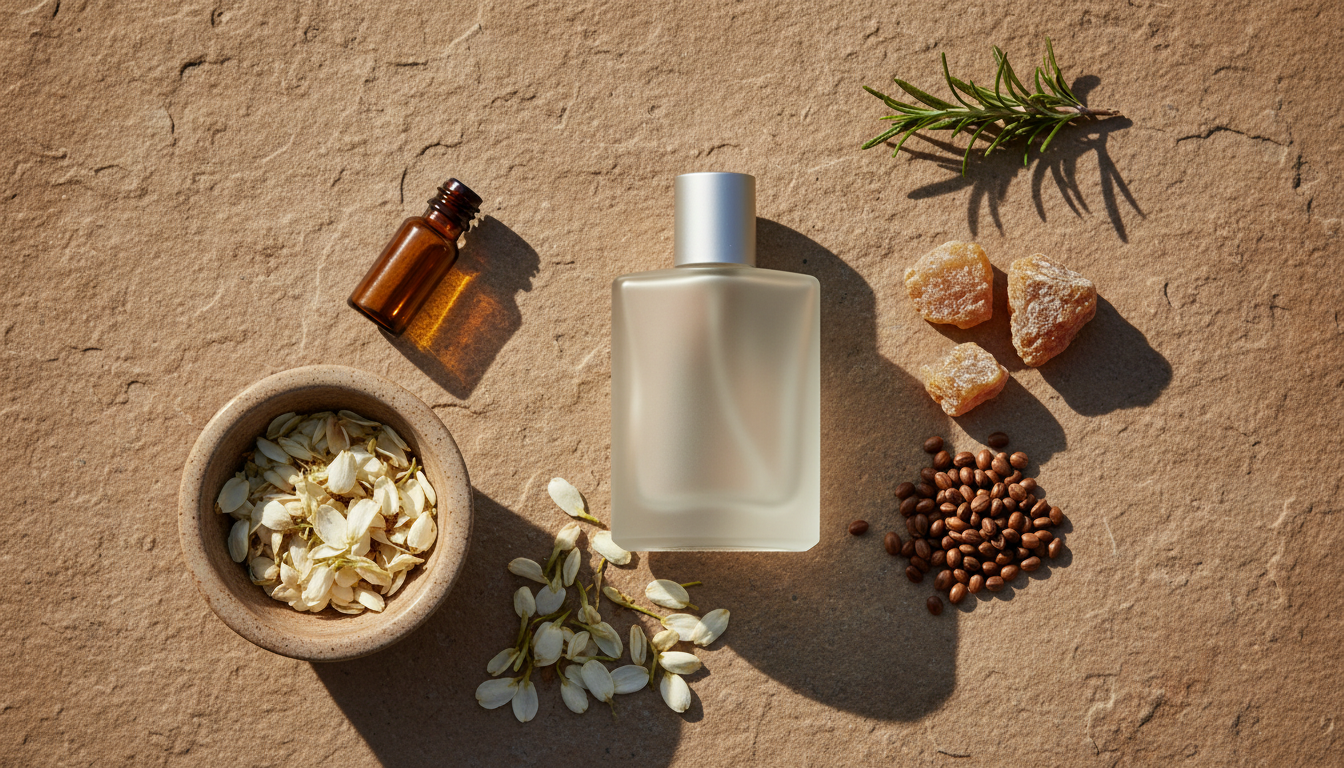 Natureza-morta editorial com frasco de perfume artesanal sobre pedra, pedaços de mirra, flores de jasmim secas, sementes de jojoba e pilão cerâmico.