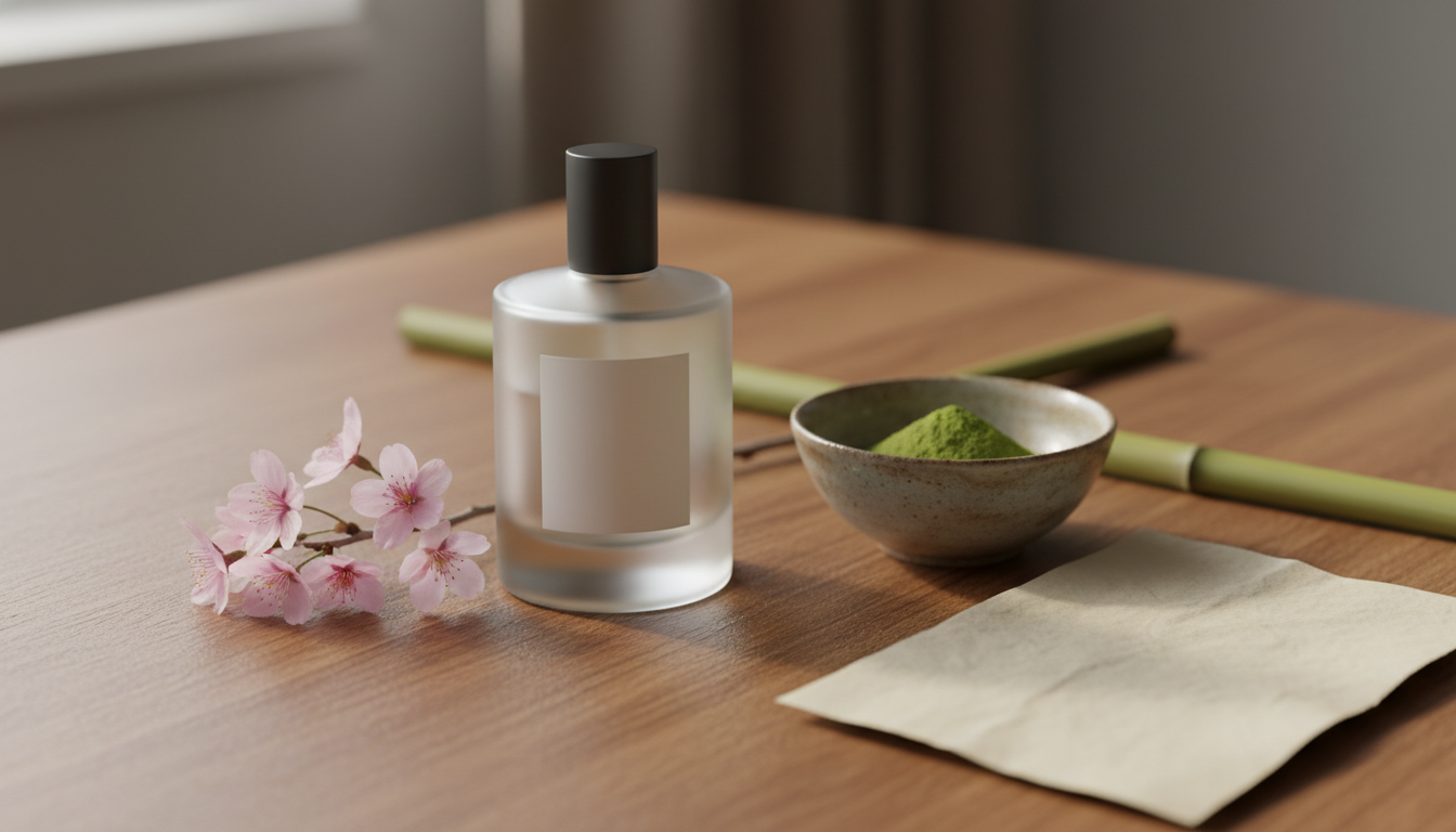 Frasco minimalista de perfume japonês em vidro fosco sobre madeira, com flores de sakura, tigela pequena com pó de matcha e bambu ao fundo, iluminação natural suave.