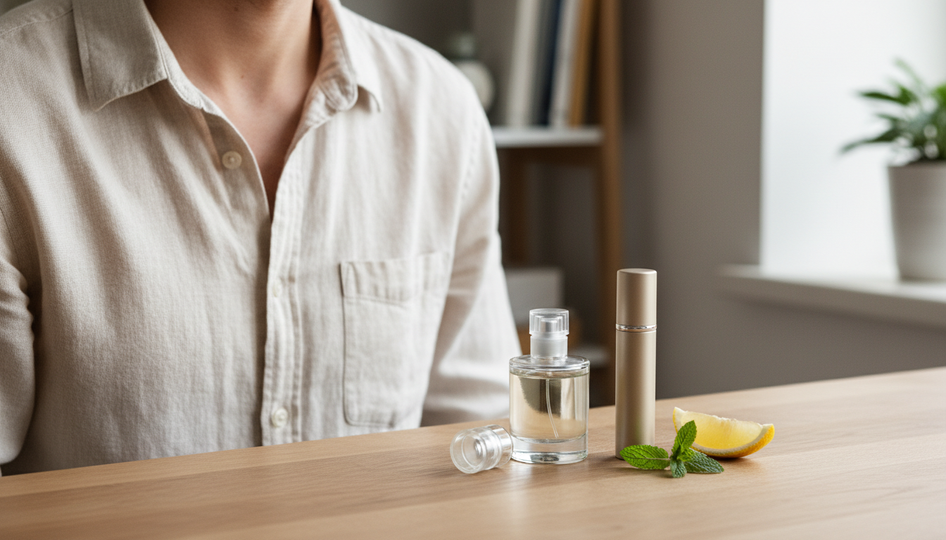 Pescoço e ombro recortados de uma pessoa com camisa de linho clara, frasco de perfume de vidro e atomizador de viagem sobre mesa de madeira, com fatia de limão e ramo de hortelã; luz natural suave.