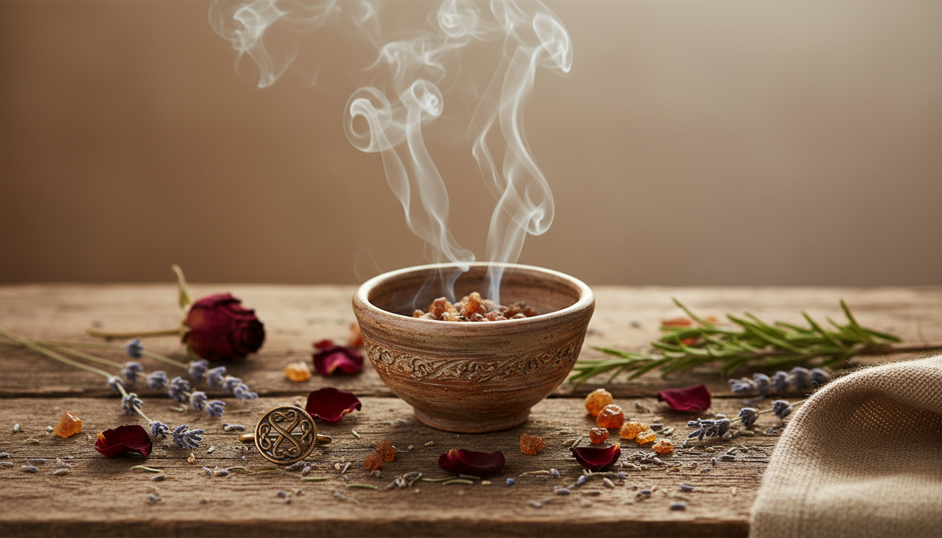 Tábua de madeira com um bowl cerâmico fumegante de resina, cercado por lavanda, alecrim, pétalas secas e fragmentos de âmbar, com um pequeno broche rúnico ao lado.