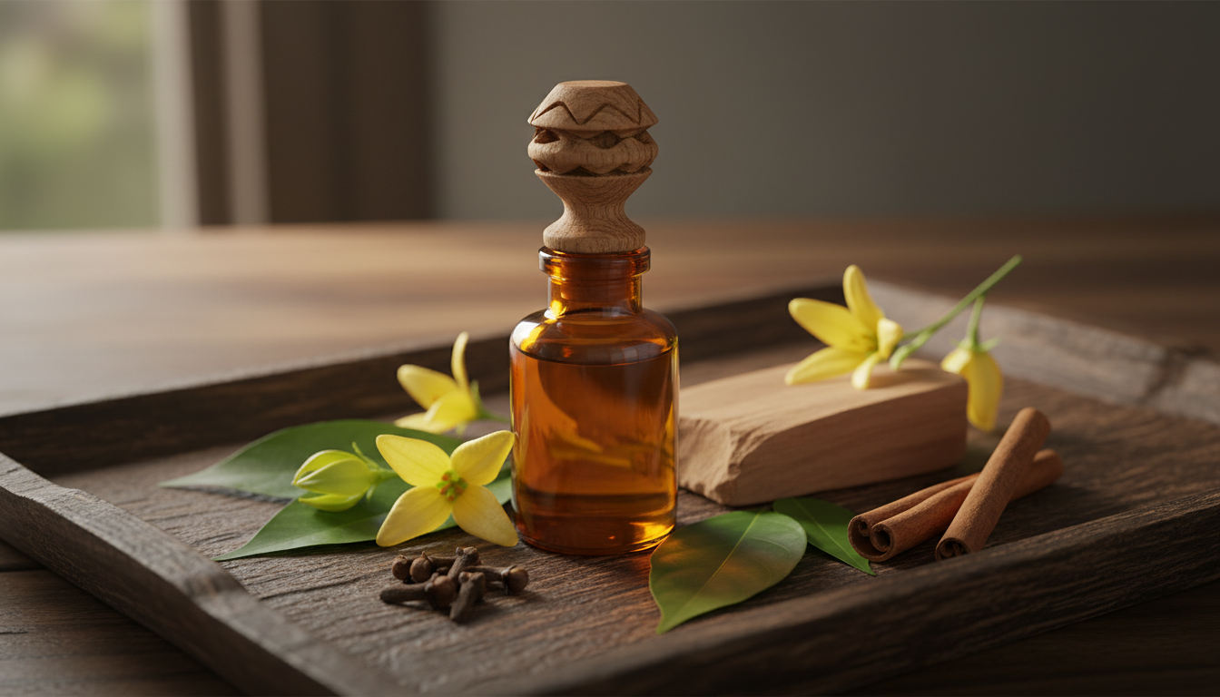 Frasco pequeno de attar em vidro âmbar sobre bandeja de madeira, rodeado por flores de ylang-ylang, pedaço de sândalo, folhas de patchouli e especiarias, em luz natural suave.