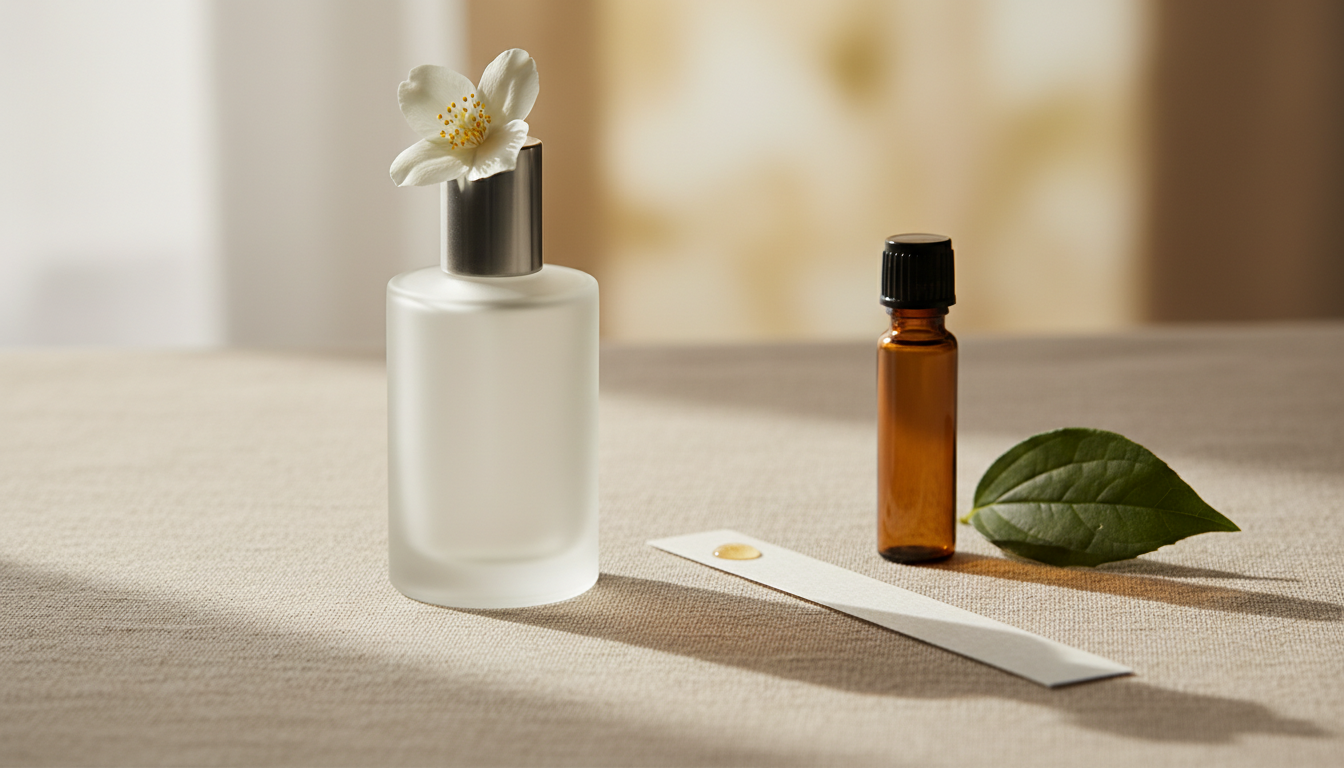 Cena editorial minimalista: frasco fosco de perfume sem rótulo sobre linho, uma flor de jasmim sobre a tampa e uma tira olfativa com uma gota de perfume, ao lado um pequeno frasco ambar.