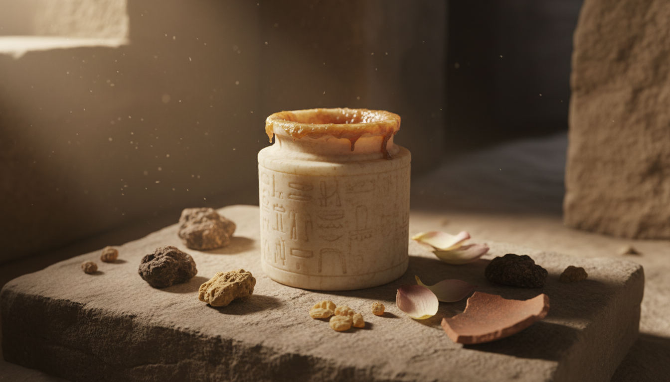 Frasco de perfume egípcio antigo de alabastro ligeiramente aberto sobre uma laje de pedra, com resíduo âmbar, pedaços de resina e pétalas secas de lótus em torno, iluminação suave e poeira.