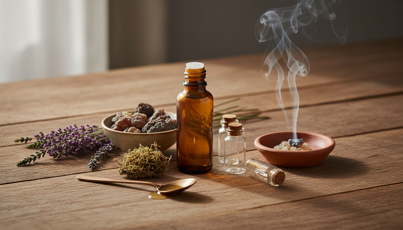 Still life editorial sobre mesa de madeira com frasco âmbar de óleo perfumado, tigela com mirra e olíbano, ramos secos de lavanda e urze, musgo de carvalho e colher de bronze; fumaça sutil de resina no ar.