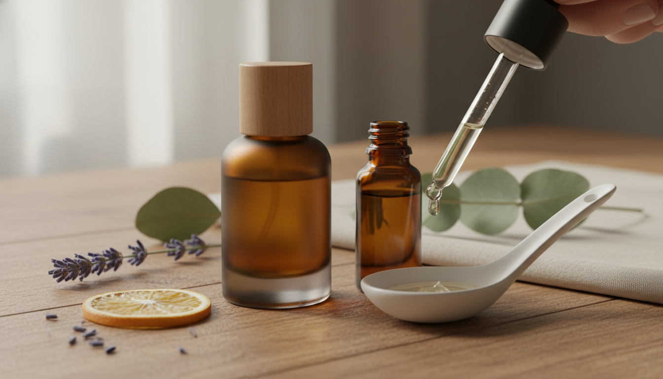 Frasco âmbar de perfume natural sobre mesa de madeira, conta-gotas de óleo essencial pingando em colher de cerâmica, com raminho de lavanda, folha de eucalipto e fatia de bergamota ao lado.
