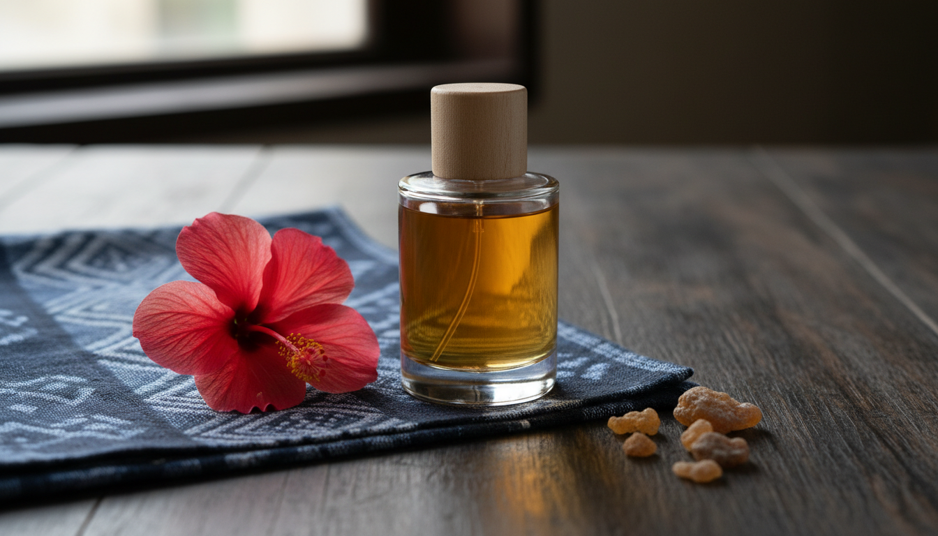 Frasco artesanal de perfume com líquido âmbar sobre mesa de madeira, acompanhado por um hibisco vermelho e pequenas resinas, com tecido indigo nigeriano parcialmente visível ao fundo.
