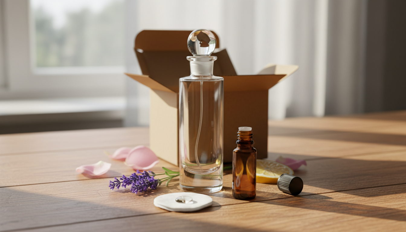 Frasco de perfume em vidro sem marca sobre mesa de madeira, acompanhado por um decant âmbar, embalagem de papel kraft, algodão com uma gota e botânicos (lavanda, pétalas, cítrico).