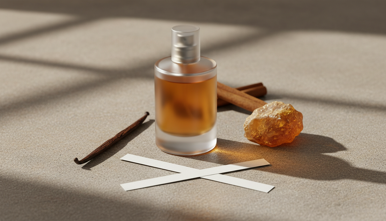 Frasco de perfume âmbar sob luz natural, cercado por baunilha, resina âmbar, pau de canela e tiras de teste sobre superfície de pedra.
