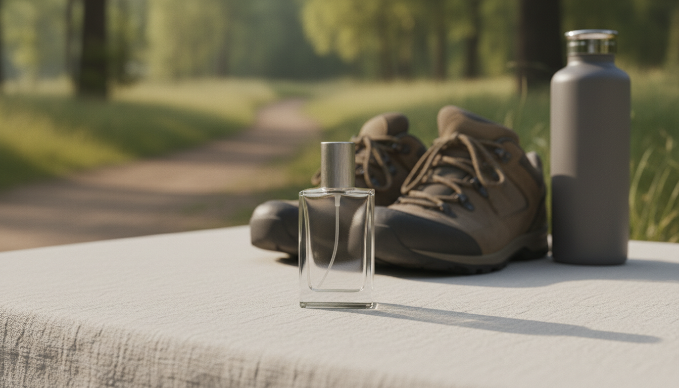 Frasco travel-size de perfume sobre toalha de piquenique de linho, com tênis de trilha e garrafa de água desfocados ao fundo em ambiente verde ao ar livre.