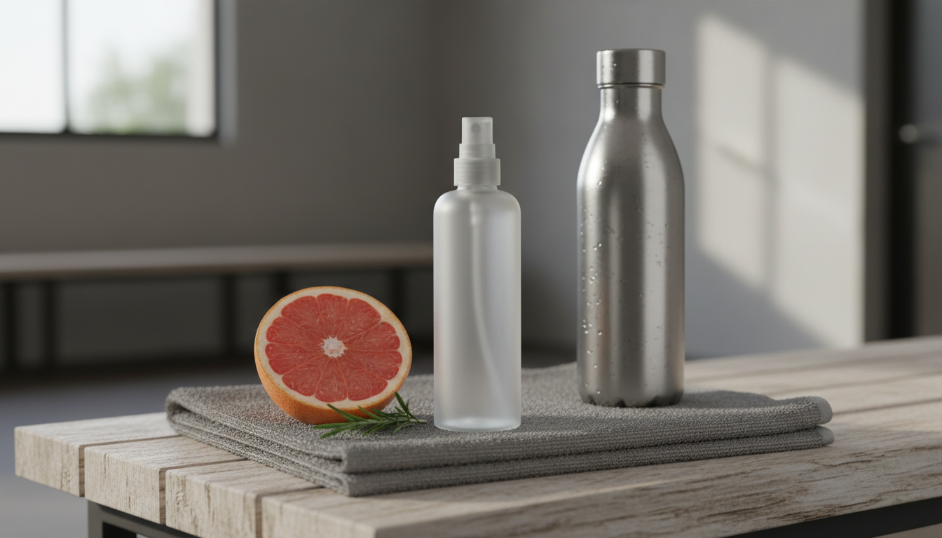 Frasco sem marca de body spray sobre toalha de academia, com metade de grapefruit e ramo de alecrim ao lado e uma garrafa de água com condensação ao fundo.
